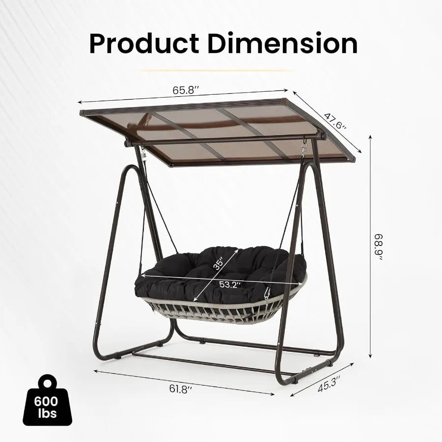 2Person Outdoor Porch Swing with Adjustable Hardtop Canopy 5.9 Thick Cushions WeatherResistant Rattan Patio Swing Chair with St