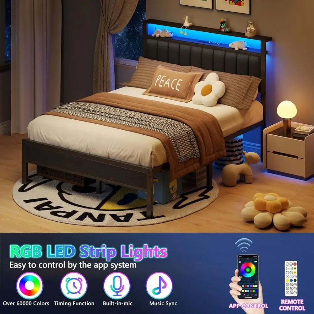 Grey Upholstered Queen Bed Frame with LED Lights, Charging Station, Storage Shelves, Metal Slats, No Box Spring Needed