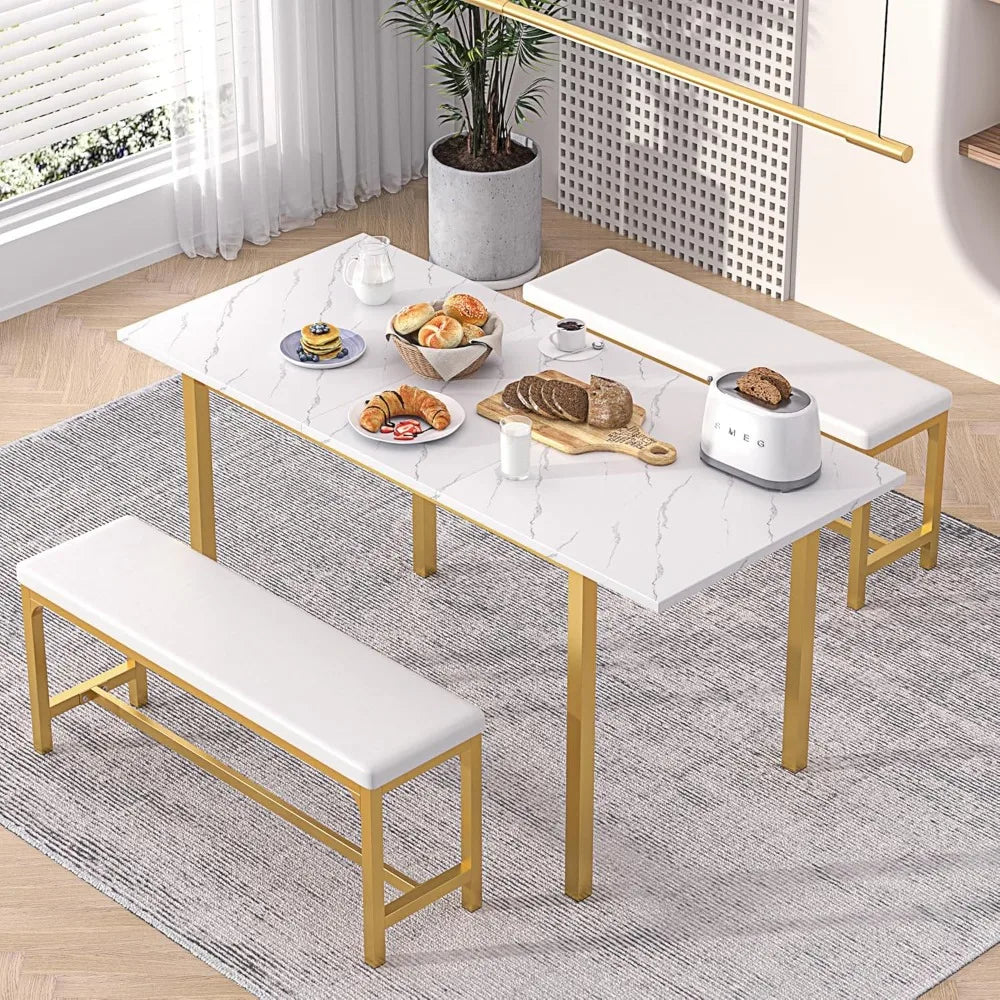 3-Piece 63" Extendable Kitchen Table with Benches/Chairs, Modern Breakfast Dinette/Dining Room Set for 4/6/2