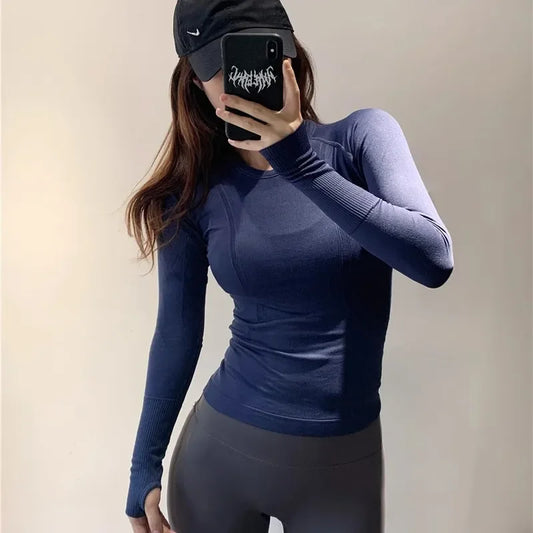 Yoga Wear Women's Top Round Neck Sports Running Fitness Clothes  Pilates Breathable Stretch Slim-fit Long Sleeve T-shirt