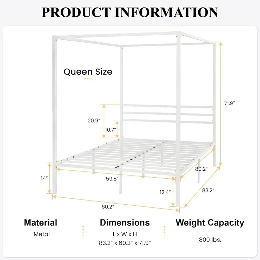 Queen Size Metal Canopy Bed Frame with Slat Support - No Box Spring Needed, Easy Assembly, White