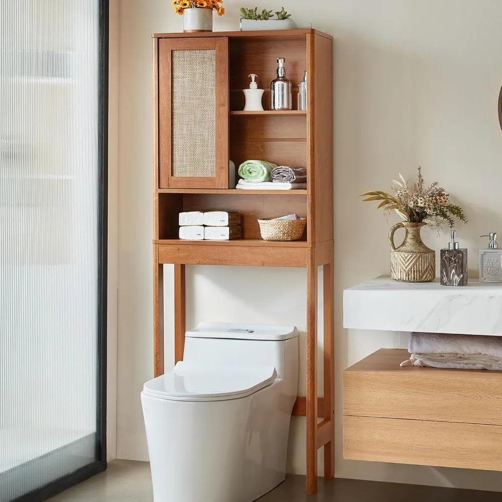 Over Toilet Storage Cabinet with Rattan Sliding Door, 68 Tall Wood Bathroom Organizer with Adjustable Shelves