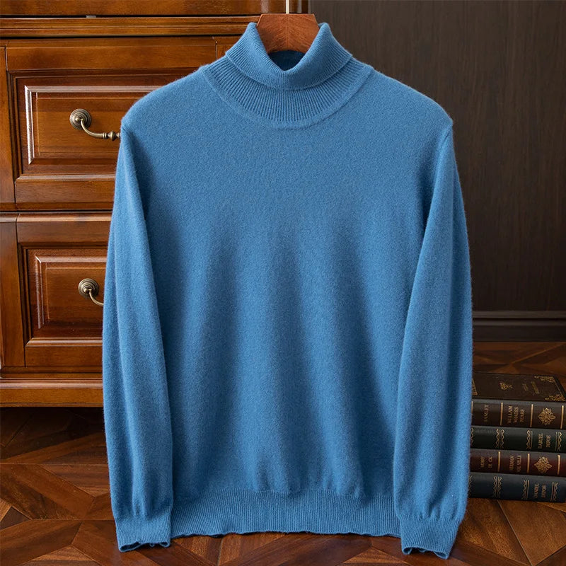 Men 100% Merino Wool Sweater Turtleneck Knitted Pullover Cashmere Warm Solid Color Clothes Business Bottoming Tops Autumn Winter