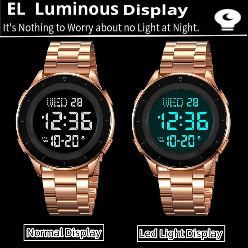 Skmei Dual Time Zone LED Digital Wristwatch Luxury Steeel Band 3Bar Waterproof Alarm Clock Mens Military Sports Bracelet Watches