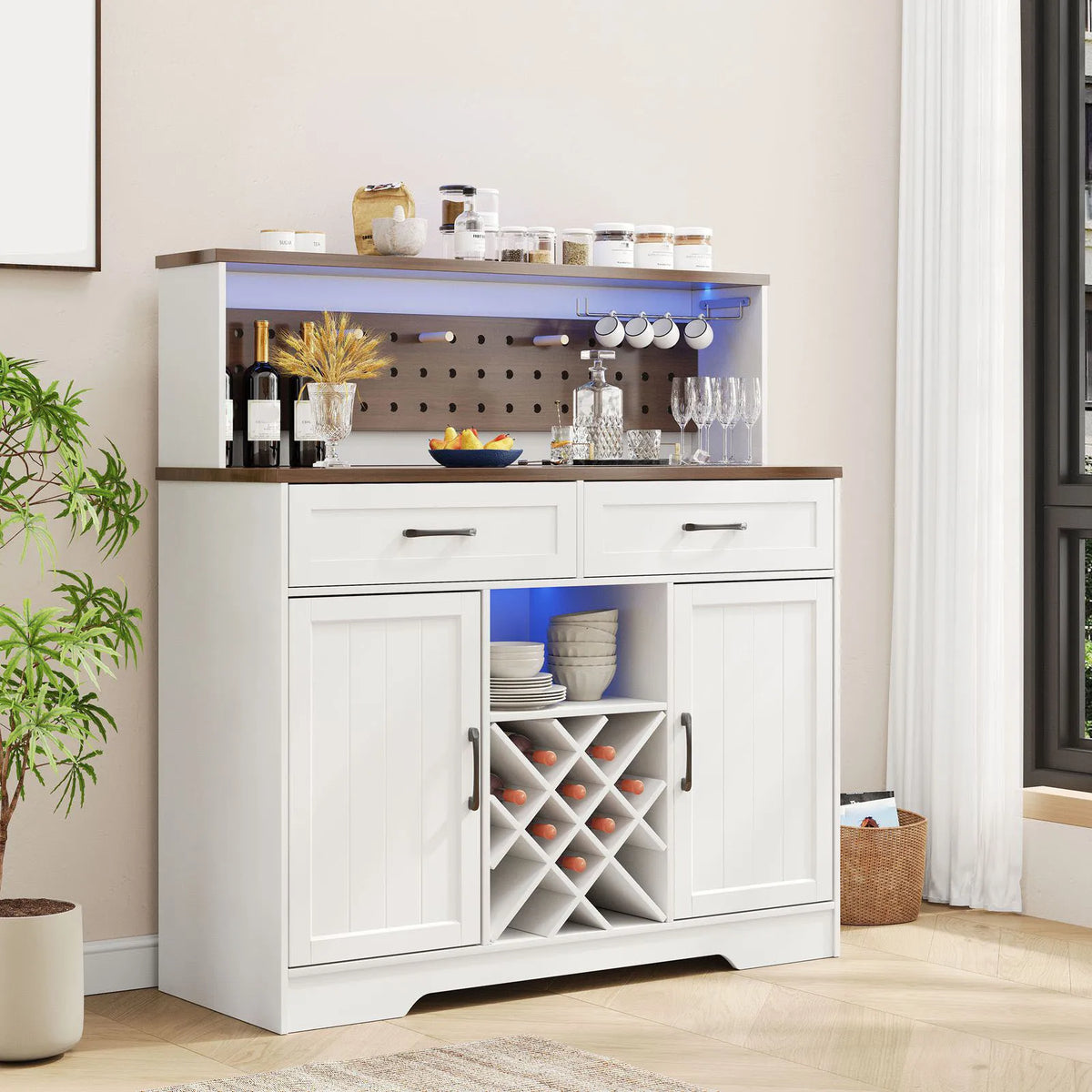1PC Farmhouse Coffee Bar Cabinet with LED Light Tall Kitchen Hutch Large Storage Doors Drawers Wine Glass Rack Solid Wood Veneer