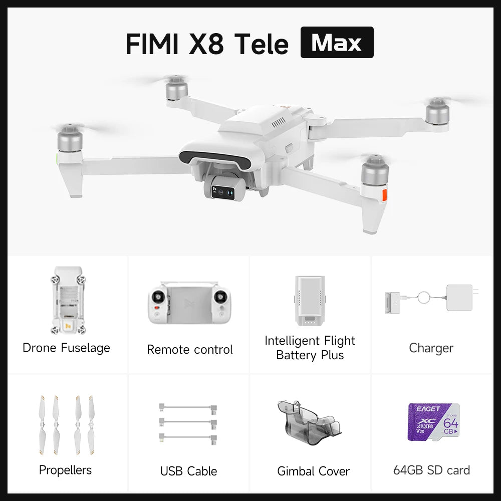 FIMI X8 Tele Max drone 1/2-inch CMOS Wide-Angle Tele Camera 30x Hybrid Zoom 4K 60fps 3-axis Gimbal GPS 20kmAI Super Night Video