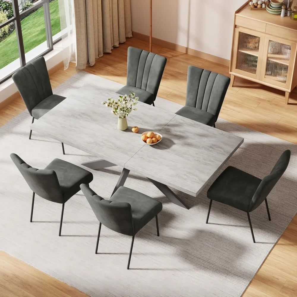 6-Piece Extendable Dining Table Set, Modern 63''–79'' Grey Wood Table with 6 Grey Fabric Chairs, Dining Room Table and  Chairs 6