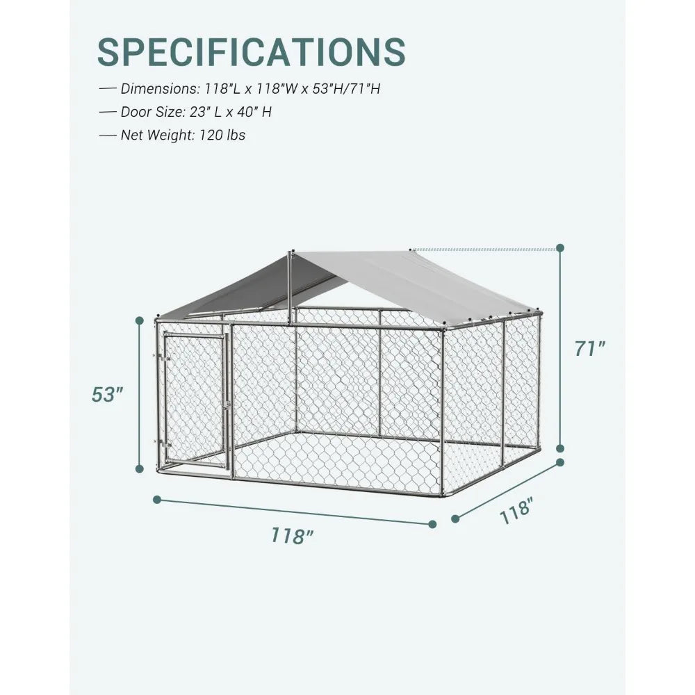 Large Outdoor Dog Kennel, Heavy Duty Galvanized Steel Dog Enclosure with Waterproof UV-Resistant Cover, Lockable Door Chain Link