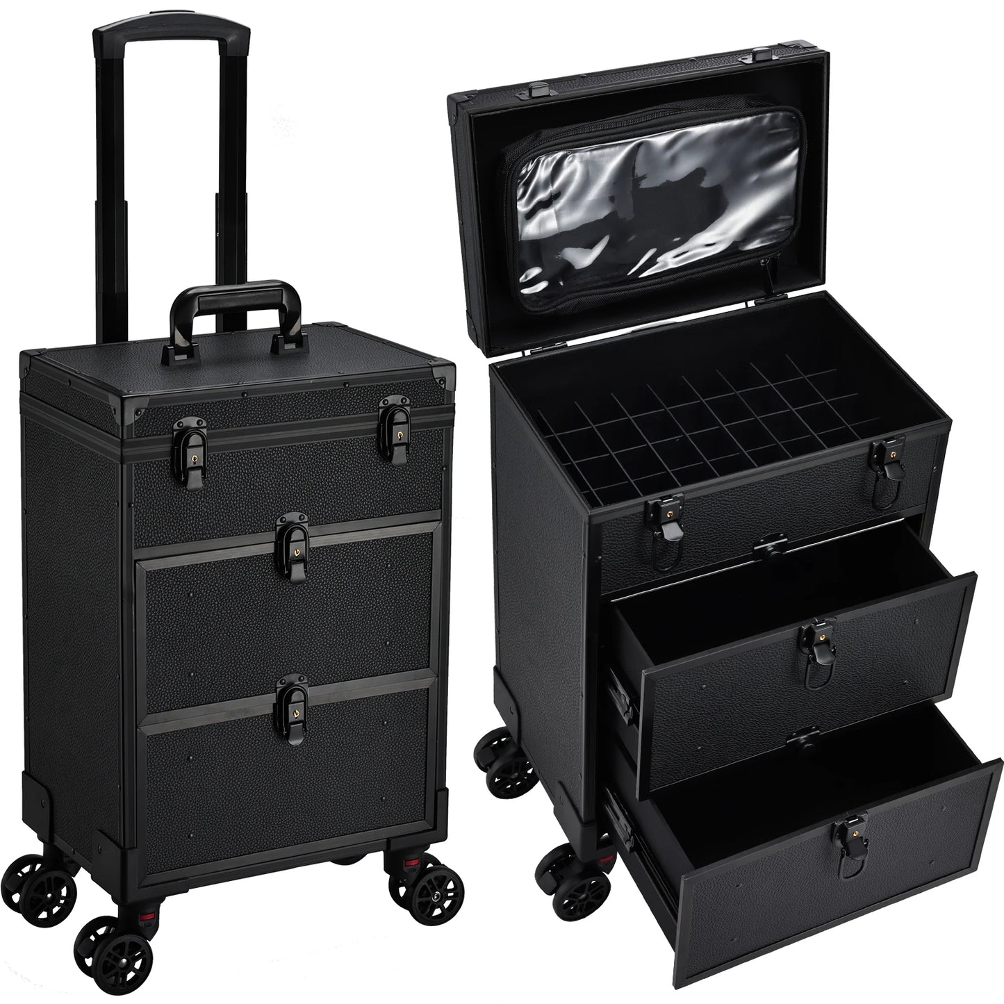 Professional 3 in 1 Rolling Makeup Case on Wheels 2 Large Drawer Nail Trolley Traveling Cosmetic Train Case with Makeup Pouch