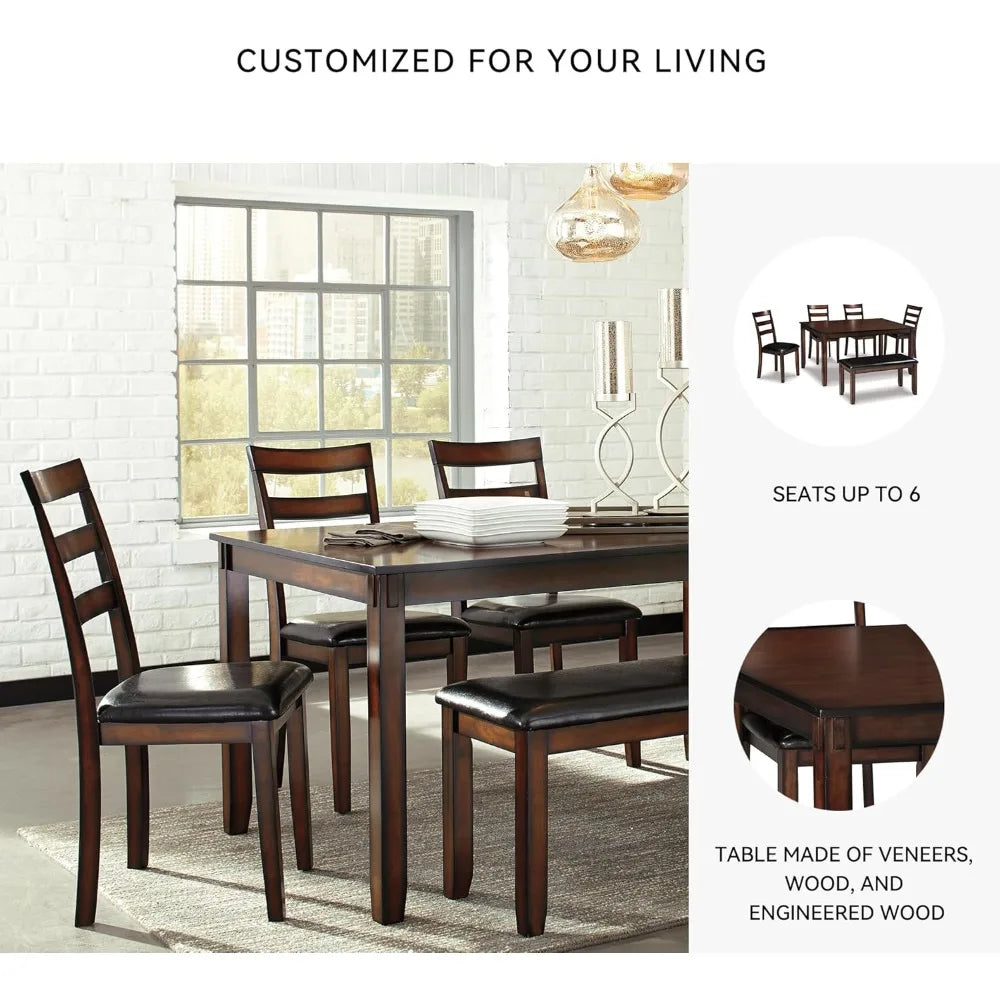 Coviar 6 Piece Dining Set, Includes Table, 4 Chairs & Bench, Dark Brown