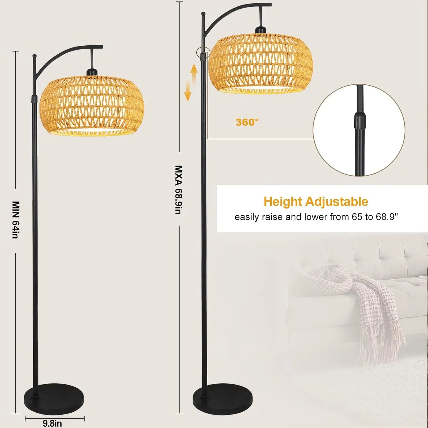 Boho Rattan Floor Lamp with Remote, Dimmable LED Black Standing Lamp for Living Room Bedroom Corner