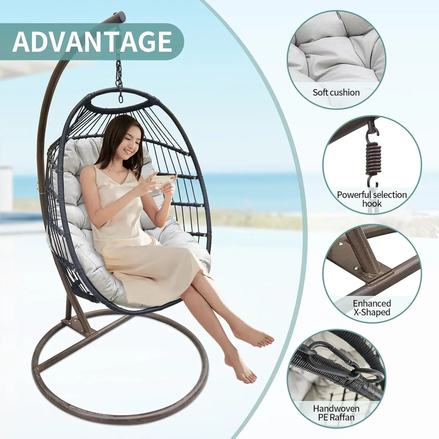 Hanging Egg Chair with Stand, Wicker Hammock Chair, Patio Swing, Foldable Basket, 350lbs Capacity for Indoor/Outdoor, Patio, Dec