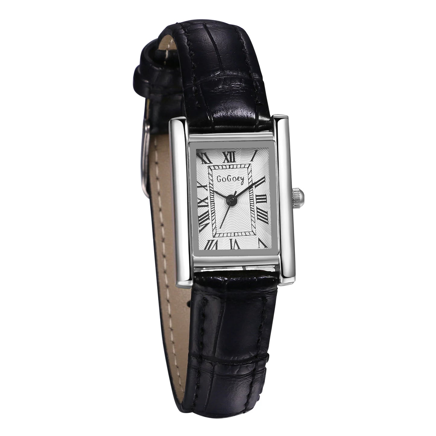Lancardo Leather Rectangular Women Small Watch Silver Rectangular Roman Numerals Premium PU Strap Black Women's Exquisite Watch