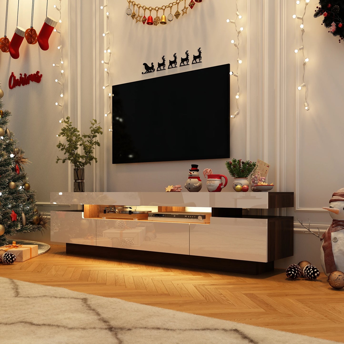 71In LED TV Stand for 75/80 Inch TV, Modern Gaming TV Cabinet for Living Room, High Gloss Entertainment Center with Storage