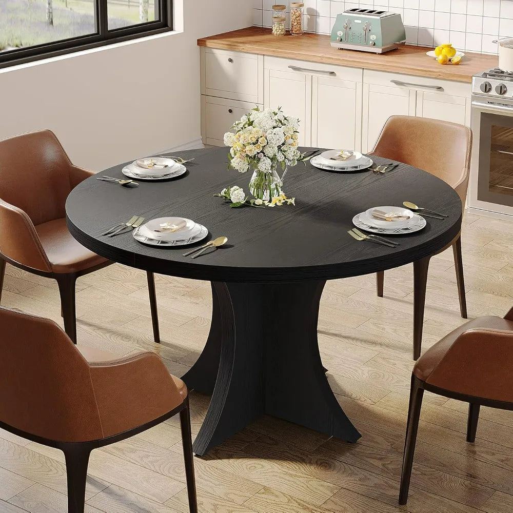 Round Dining Table for 4-6, 47.24-Inch Farmhouse Kitchen Table, Wood Dining Table with Pedestal Base, Small Dinner Table for Di