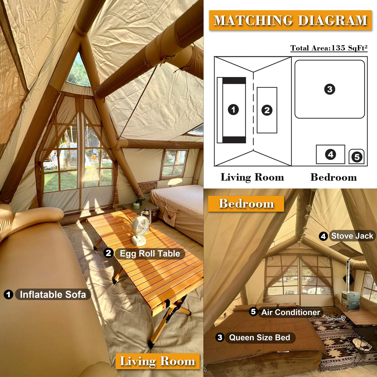 Inflatable Tents for Camping, 8 Person Tent with TPU Skylight, Mesh Windows & Pump, Easy Setup 4 Season Glamping Tent