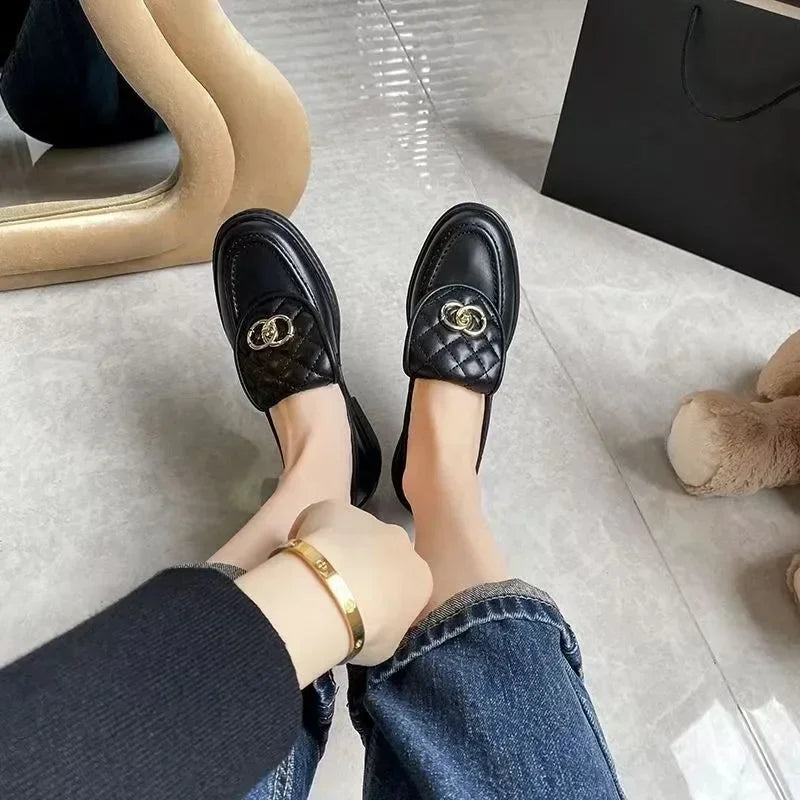 Black Chunky Heel Loafer Shoes For Female Women Autumn New Thick Sole Slip-on Shallow Leather Elegant Fashion Luxury Shoes SC1