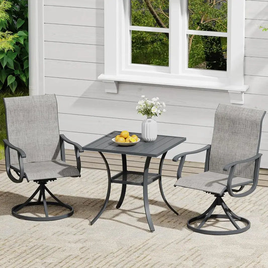 Grey Patio Dining Set: 2 Swivel Chairs & Storage Table for Outdoor Entertainment
