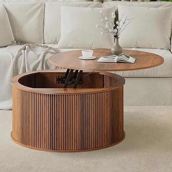 "Round Fluted Lift-Top Coffee Table with Storage for Farmhouse Style Living Room and Dining Area"