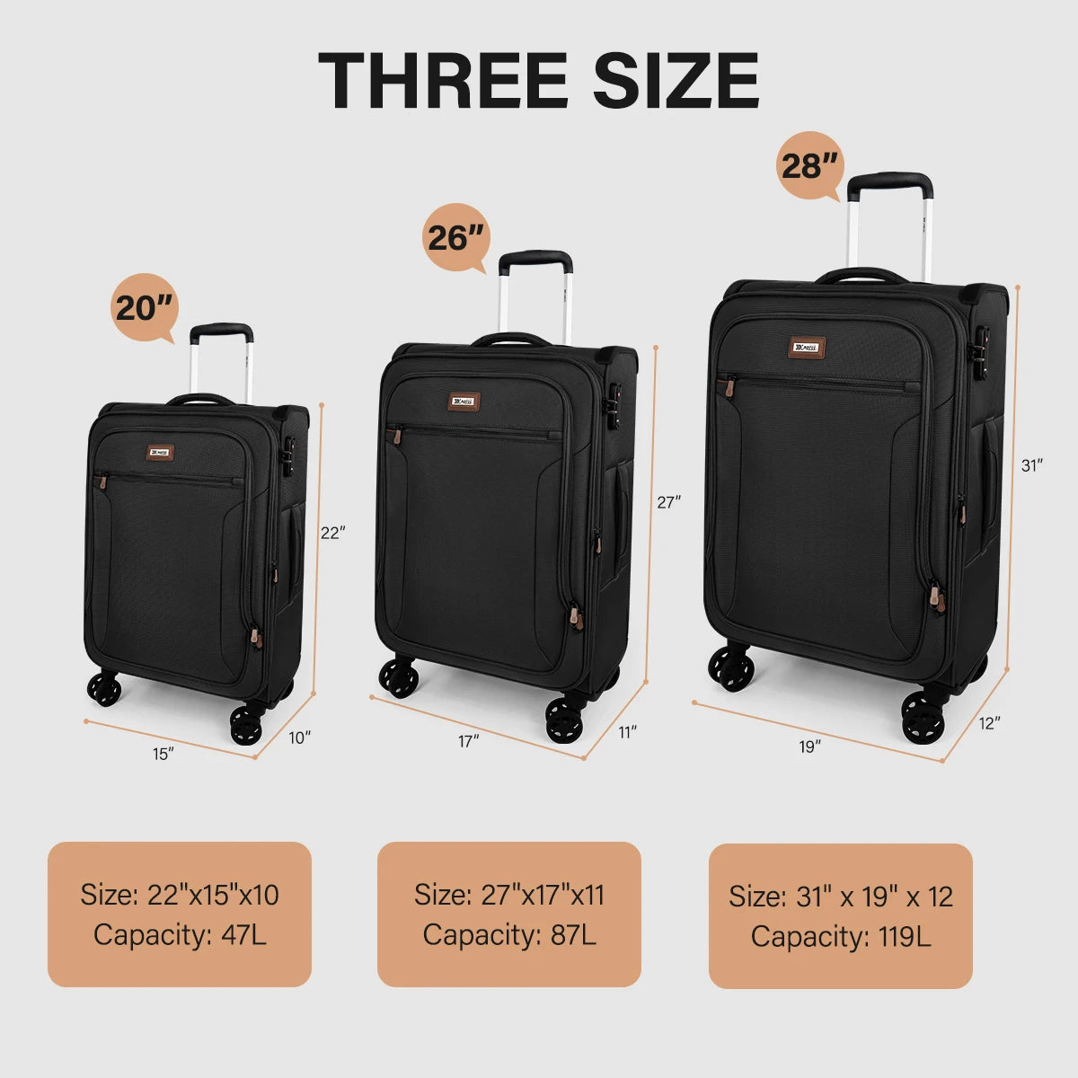 Softside Luggage Expandable 3 Piece Set Suitcase with Spinner Wheels & TSA Lock Softshell Lightweight Luggage Set for Traveling