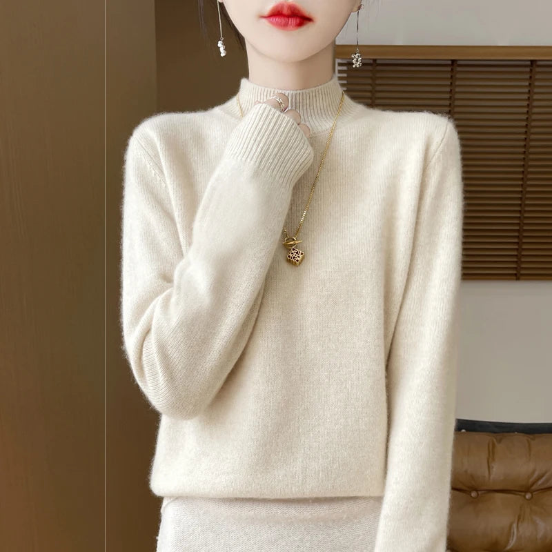 One Line Half Height 100% Andy Velvet Knitted Sweater For Women's Autumn And Winter New Top, Loose Long Sleeved Basic Style GH79