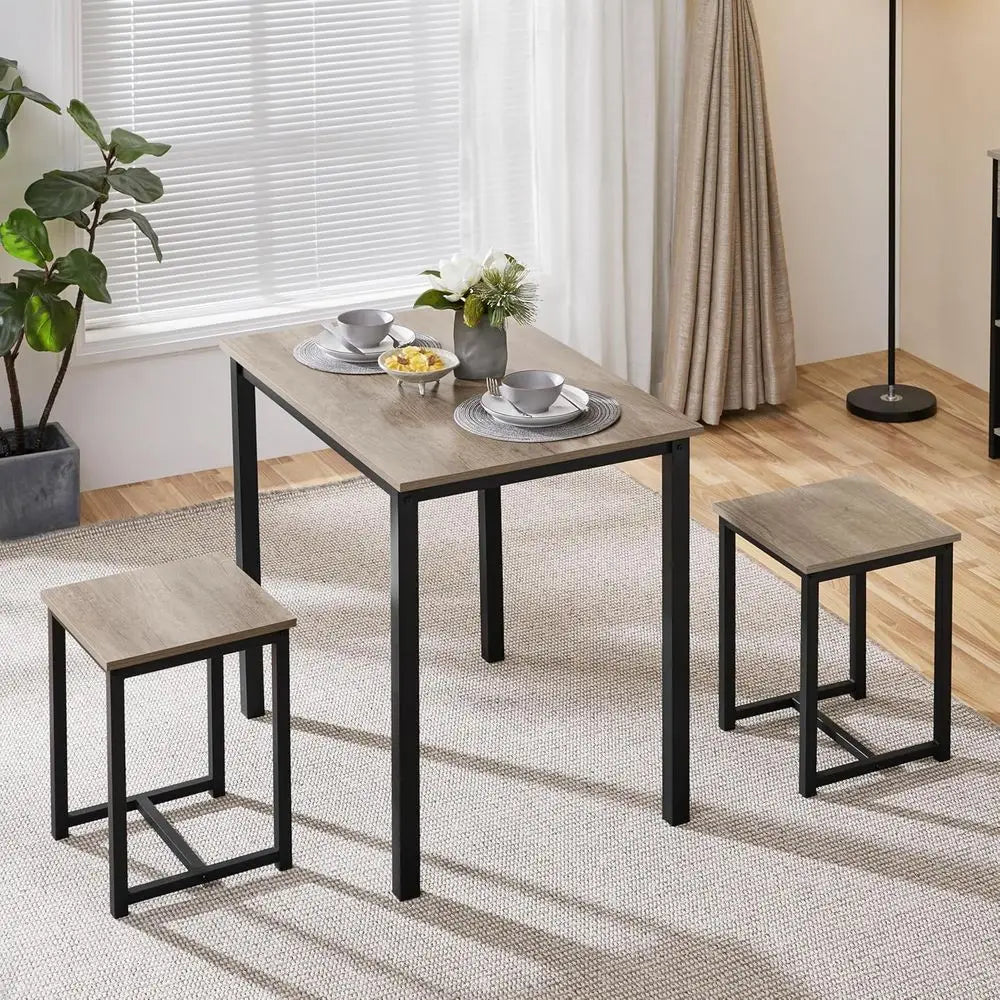 Compact 2-Person Dining Table Set with 2 Stools, Gray, Space-Saving Design for Kitchen, Dining Room, Living Room