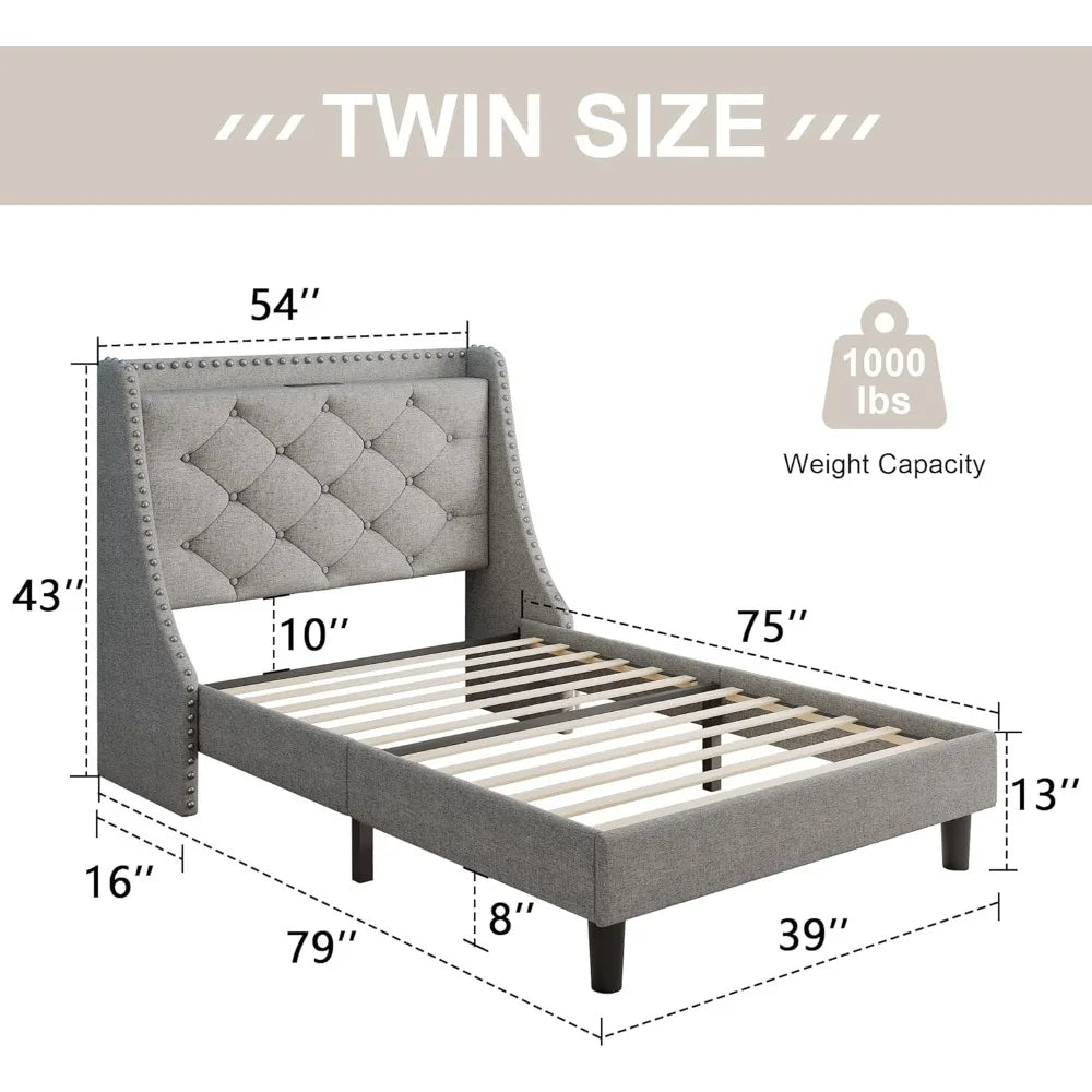 Twin Bed Frame with Upholstered Storage Headboard, Button Tufted Wingback Design, Fast Charging Station Included