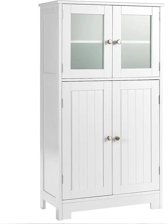 Bathroom Floor Cabinet, Freestanding Storage Cabinet w/Glass Doors, Wood Kitchen Cupboard w/Adjustable Shelf, Bathroom