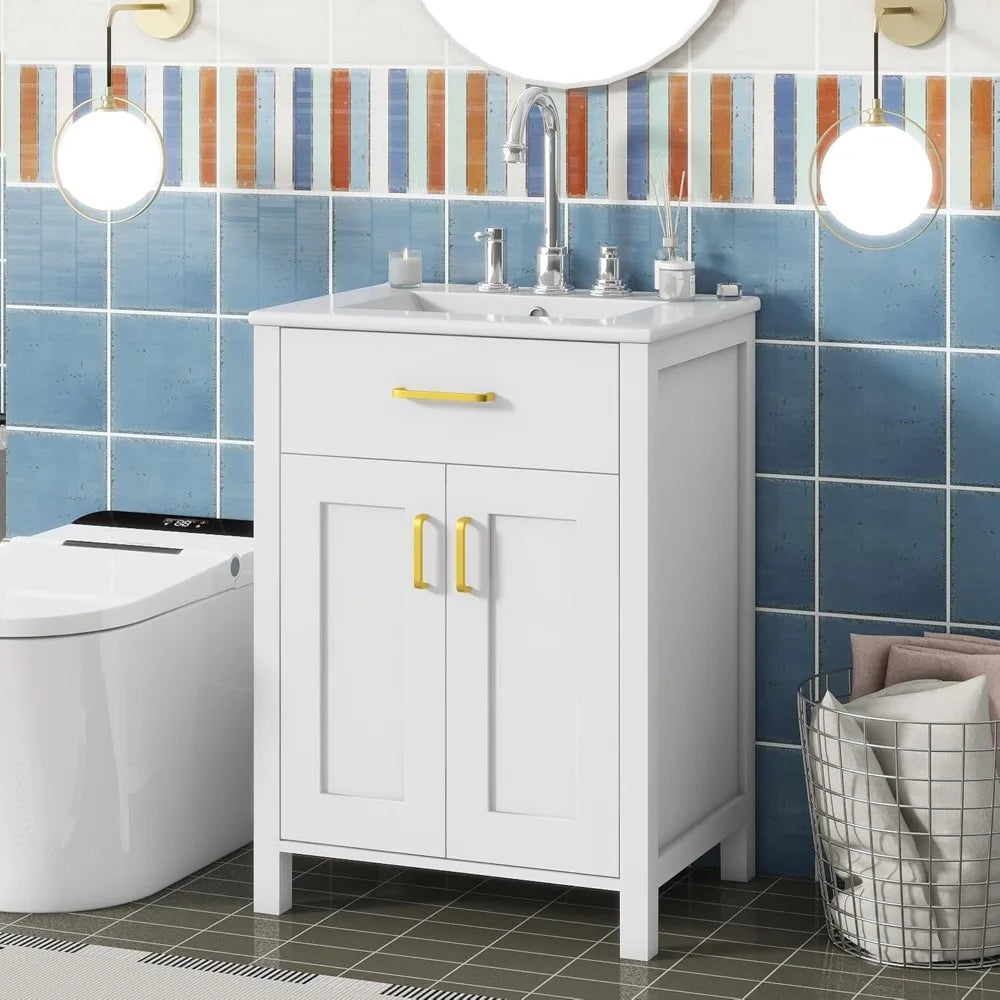 24 LUMISOL Solid Wood Bathroom Vanity Set with Sink, Soft-Close Door, Tip-Out Drawer, and Storage Racks