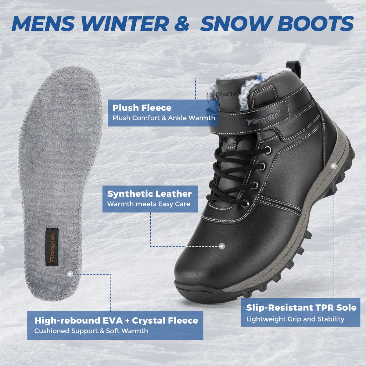Wide Men's Winter Boots -15℃ Thick Warm Snow Boots Anti-slip Lightweight Comfortable Fur Lined Boots Outdoor Winter Shoe Men