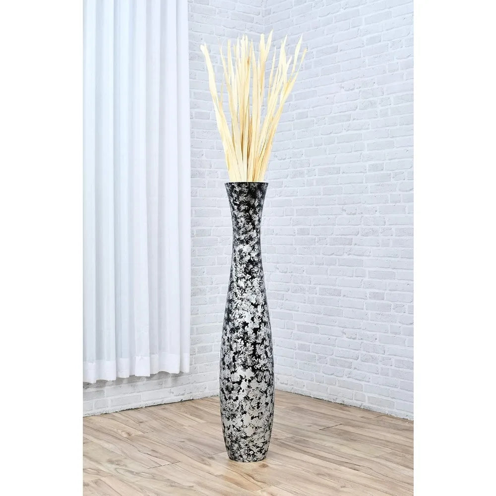 Large Silver Wooden Floor Vase - 41 Tall Decorative Holder for Artificial Plants & Pampas Grass