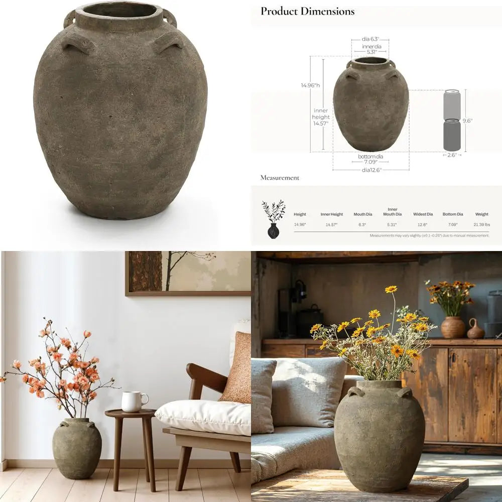 Large Rustic Terracotta Floor Vase, 15 Inch Tall Brown Ceramic Cauldron for Living Room Decor and Home Décor Ideas