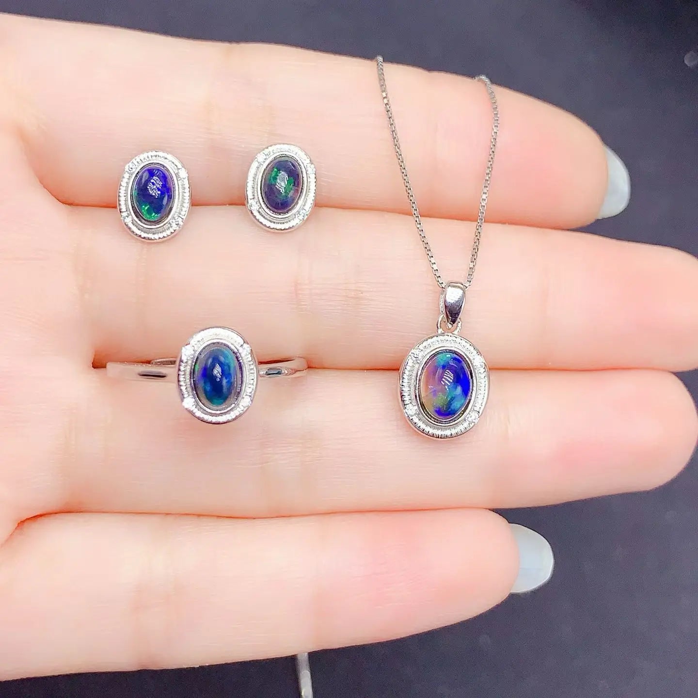 Simple Design 925 Silver Jewelry Set Natural Opal Ring Earrings and Pendant Total 1.2ct Dyed Opal Jewelry