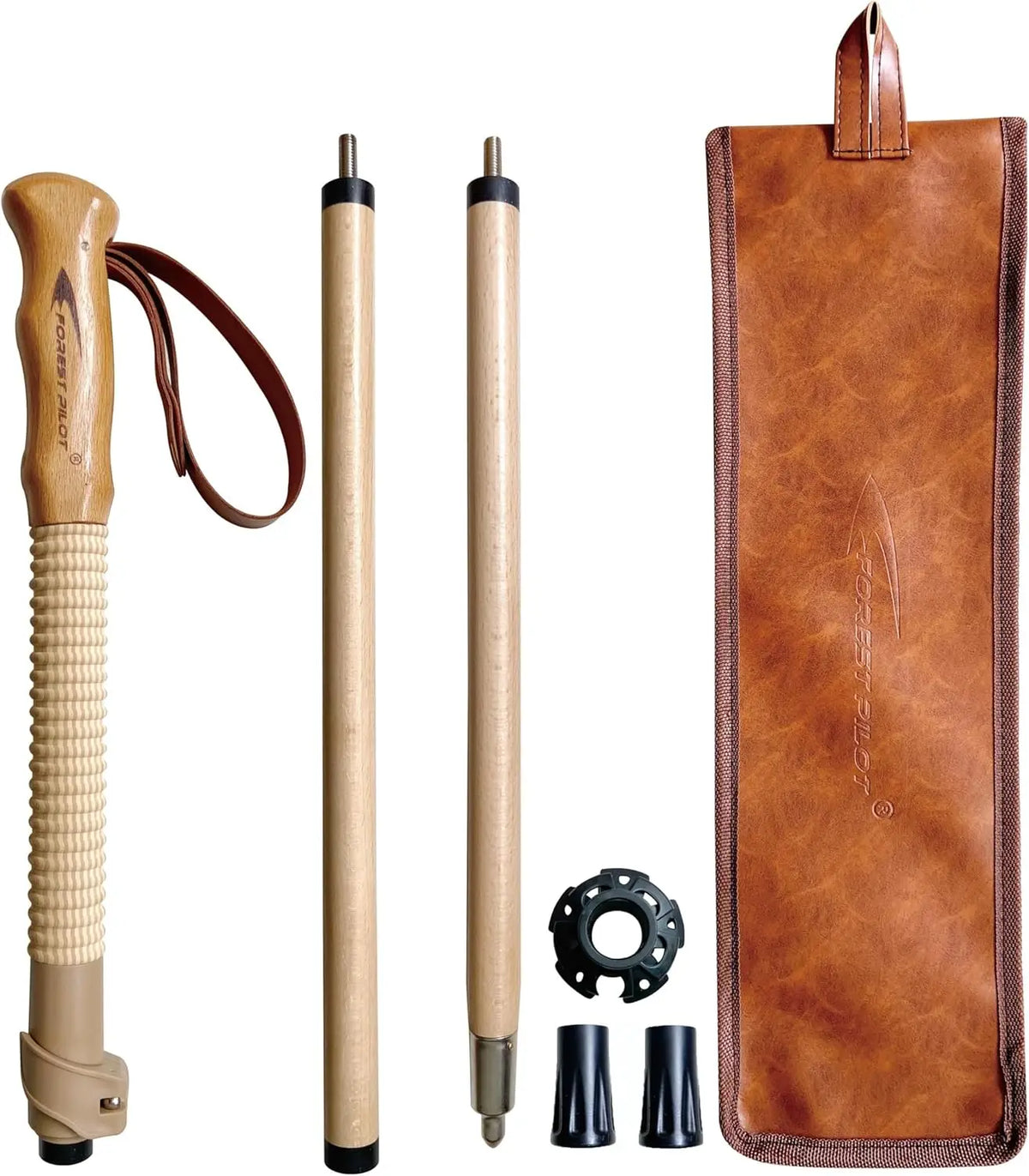 Trekking Poles - Adjustable Hiking Stick - Beech Wood Grip - Quick Adjust Flip-Lock - Leather Strap