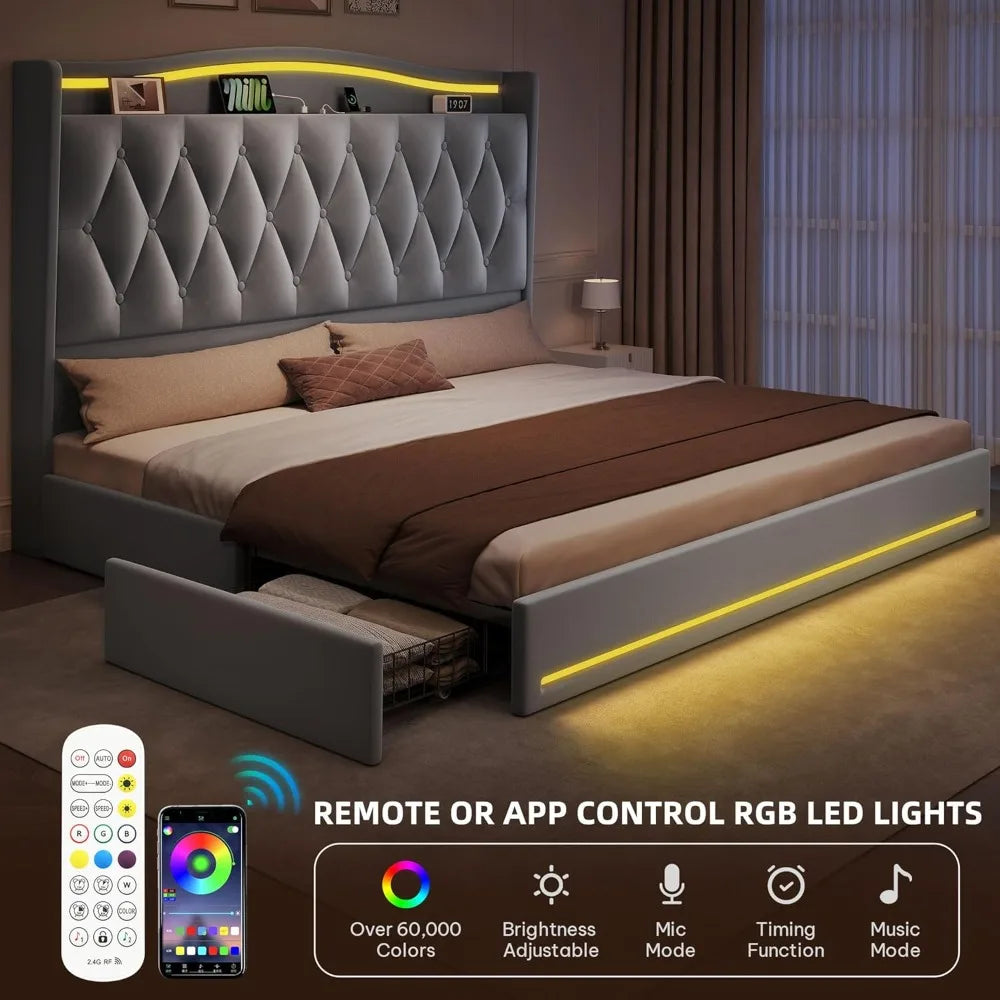 King Size Velvet Upholstered Bed Frame with 4 Storage Drawers, 57 Tall Headboard, RGB LED Lighting, and Charging Station
