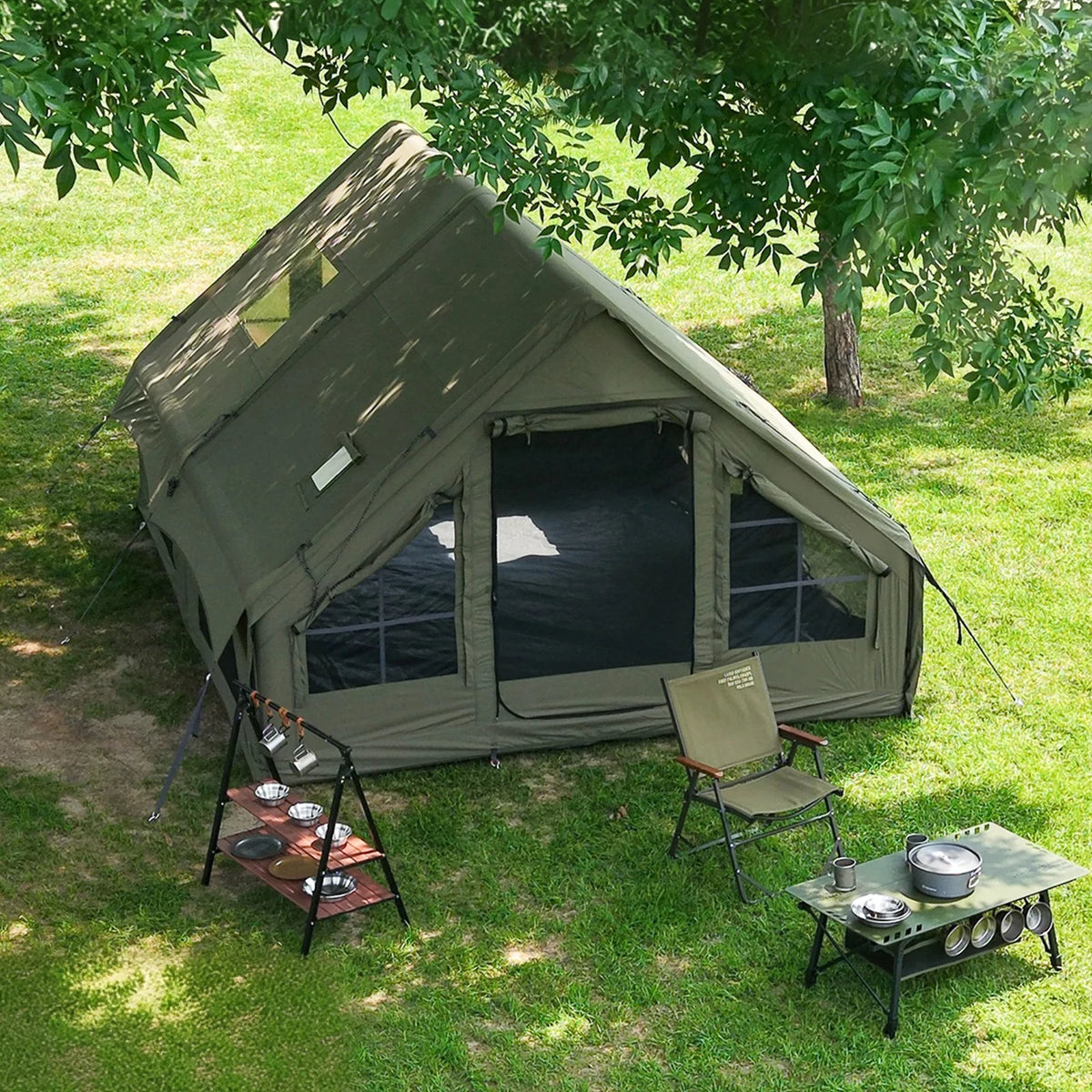 Army Green Waterproof Windproof Inflatable Tent for Camping,4 Season Air Glamping Tent House with Chimney Opening,AC Vent