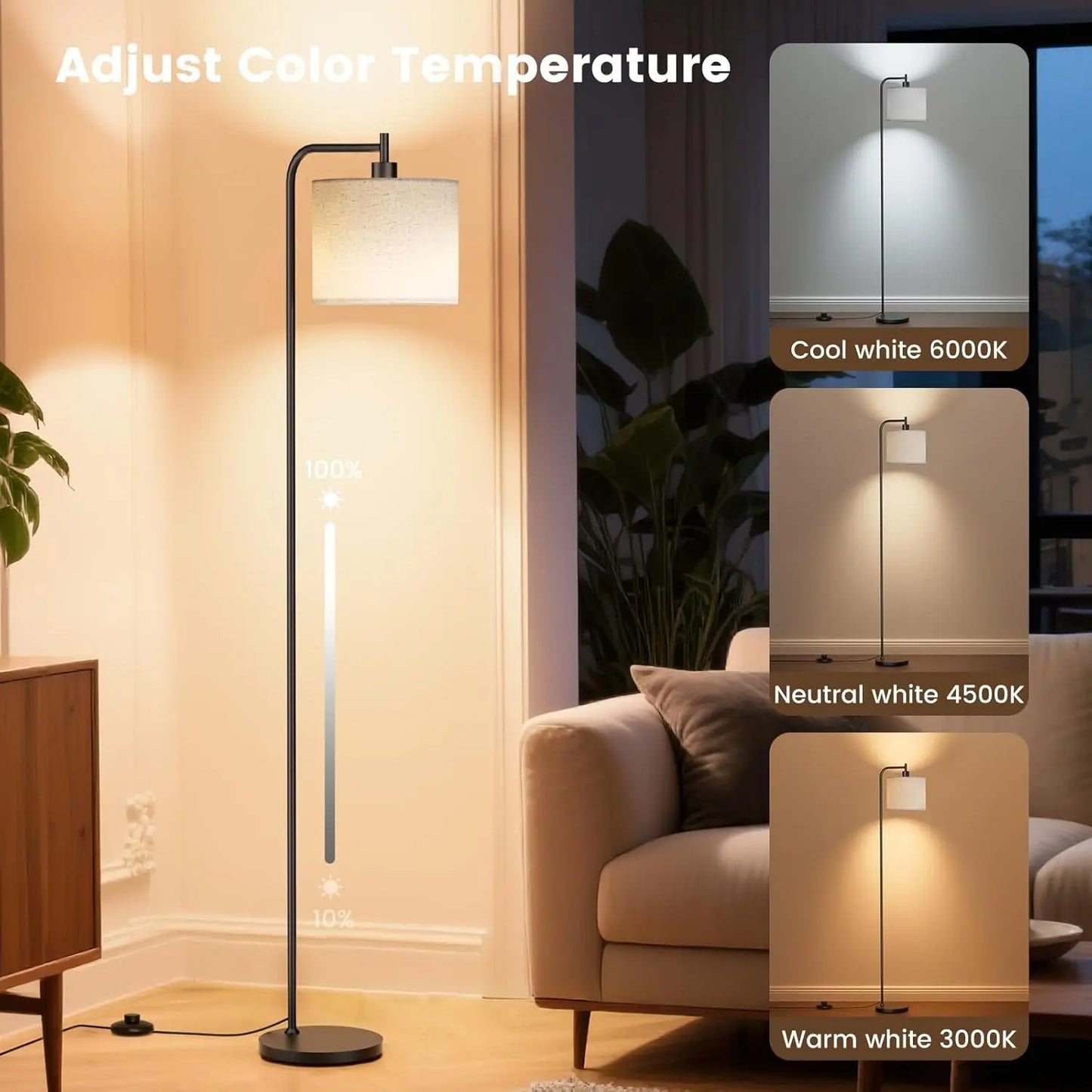Dimmable Floor Lamp with Linen Shade, Remote Control, 3 Color Temperatures, Modern Standing Lamp for Living Room Bedroom Office,