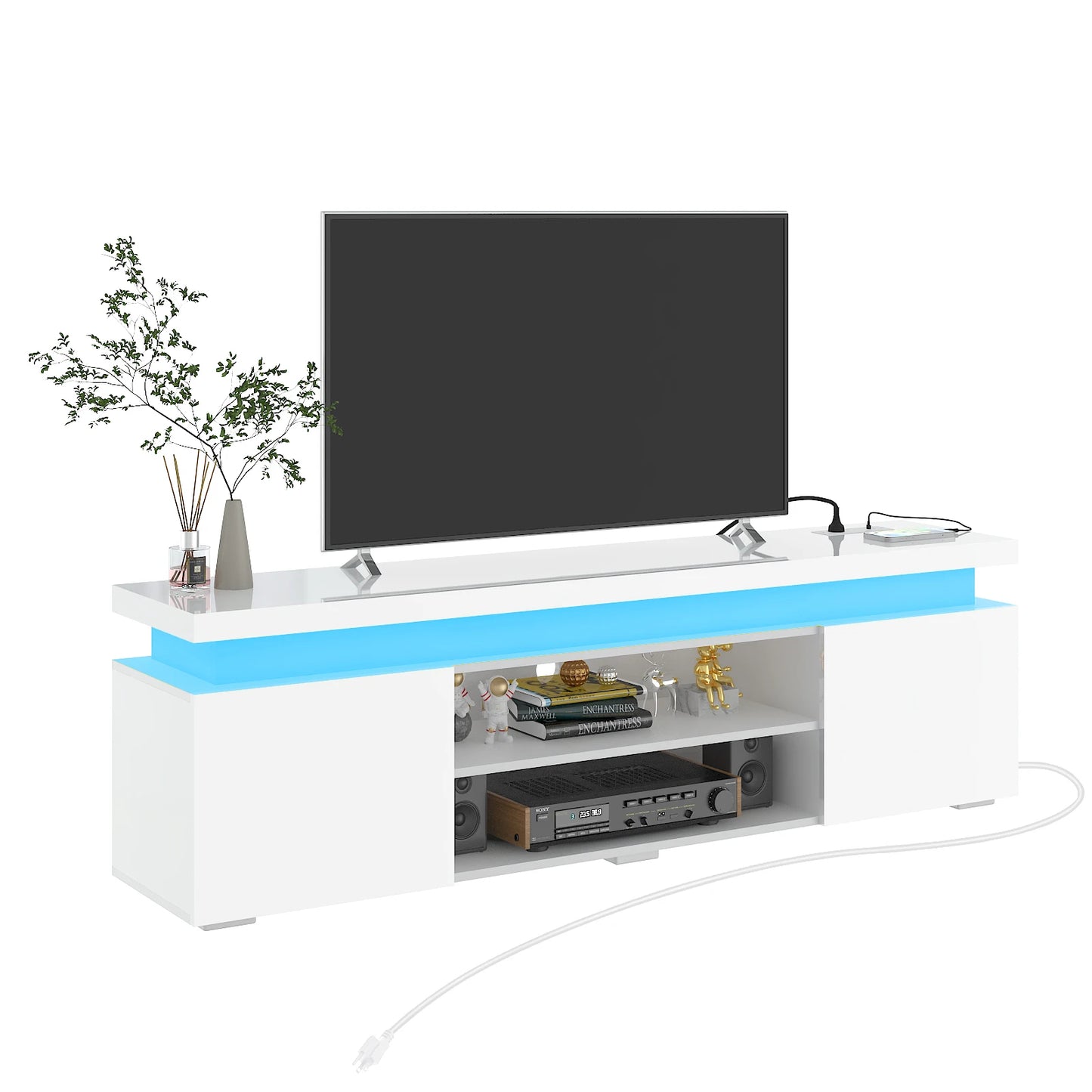 66 Inch LED TV Stand for 70/75 Inch TV, Modern Gaming TV Cabinet with Power Outlet, High Gloss Entertainment Center with Storage