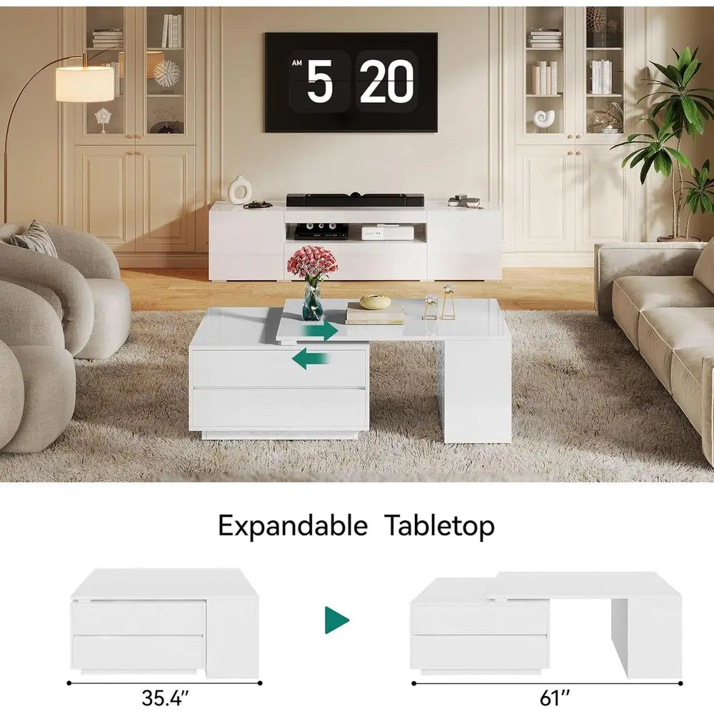 Modern Rectangular LED Coffee Table with Storage, 4 Drawers, Extendable 35-61 for Living Room, White