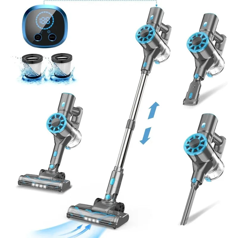 Vazone Cordless Vacuum Cleaner, Lightweight Stick Vacuum Cleaner with Self-Standing, Rechargeable Battery and LED Display, Blue