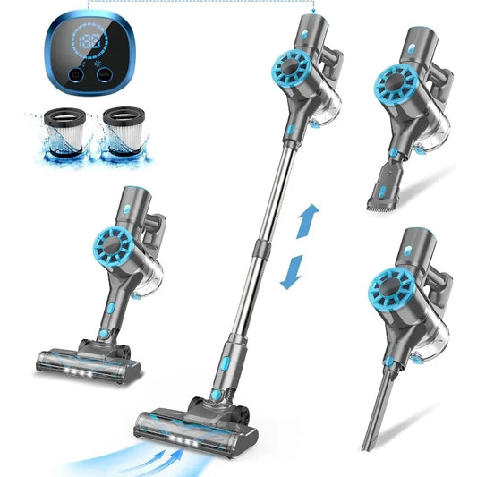 Vazone Cordless Vacuum Cleaner, Lightweight Stick Vacuum Cleaner with Self-Standing, Rechargeable Battery and LED Display, Blue