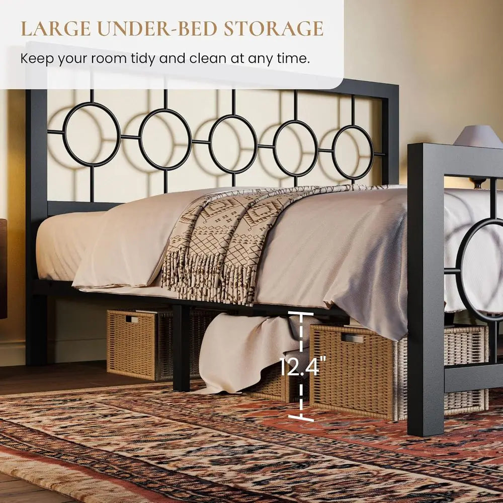 Vintage-Style Queen Metal Bed Frame with Circular Headboard and Footboard, No Box Spring Needed, Easy Assembly, Black