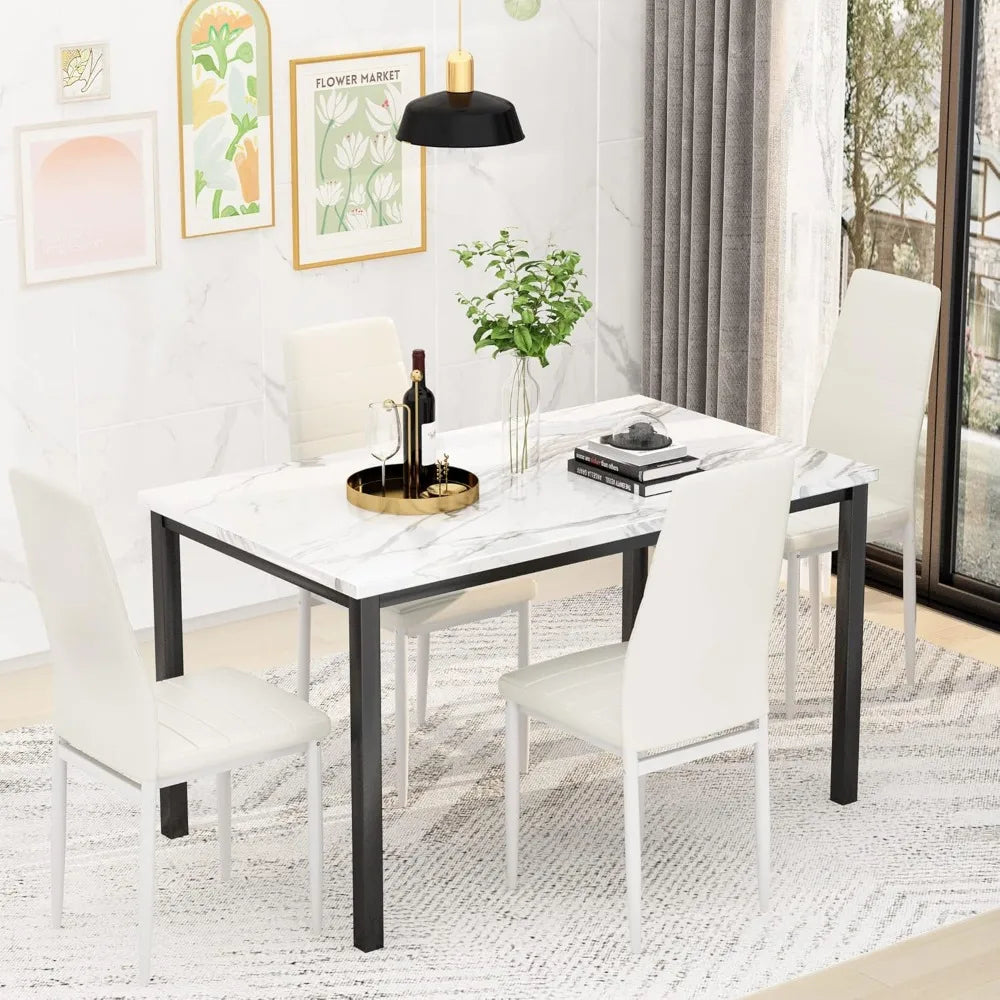 4-Piece Dining Set with Faux Marble Table and PU Leather Chairs for Small Spaces