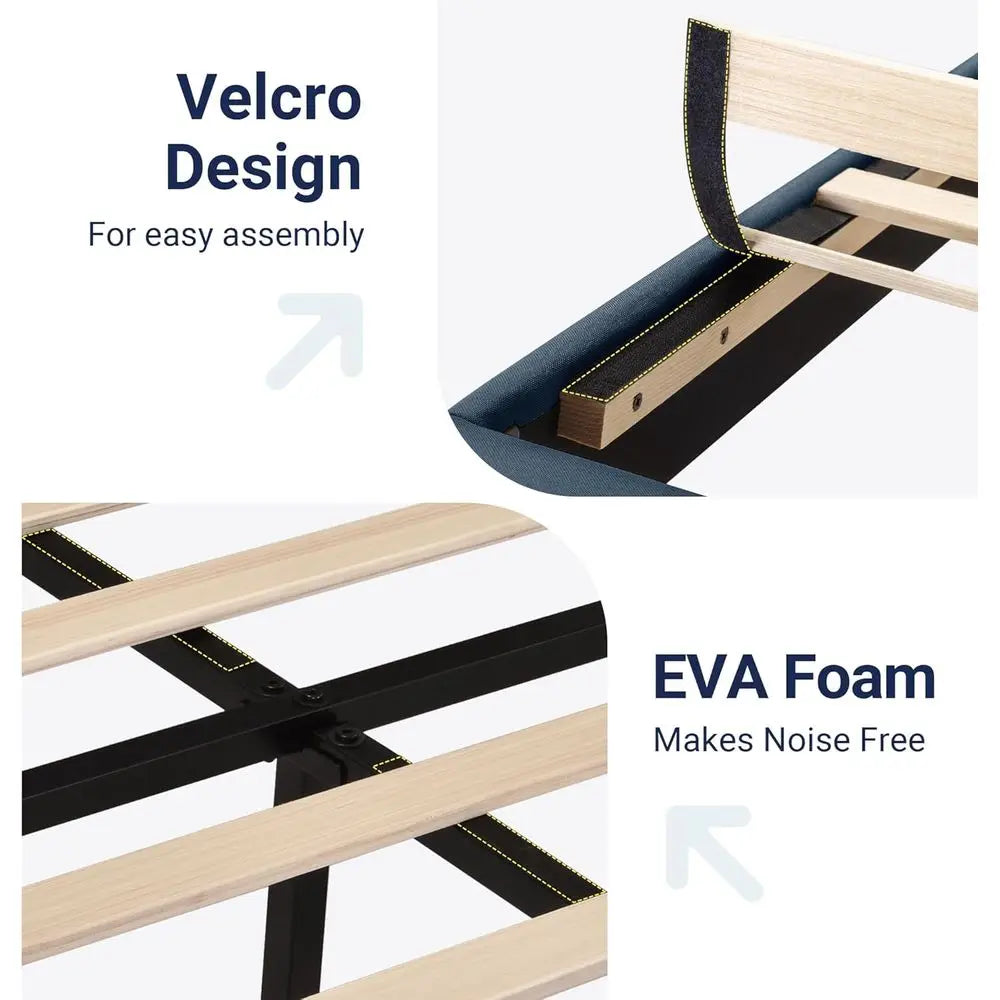 Navy Blue Queen Platform Bed Frame with Fabric Headboard, Wooden Slats, No Box Spring Needed, Easy Assembly