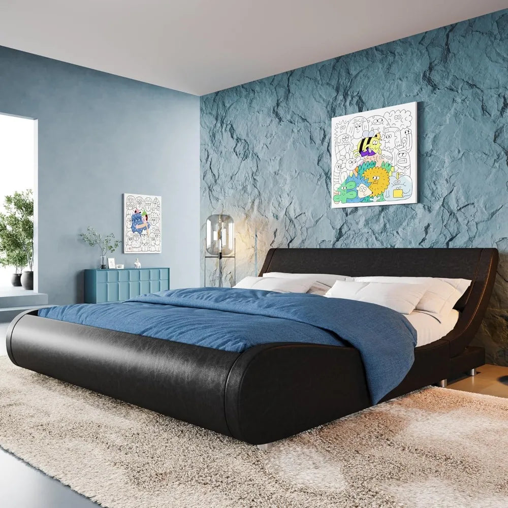 Allewie Upholstered Queen Size Platform Bed Frame Modern Low Profile Sleigh Bed with Faux Leather Adjustable Headboard, Wood Sla