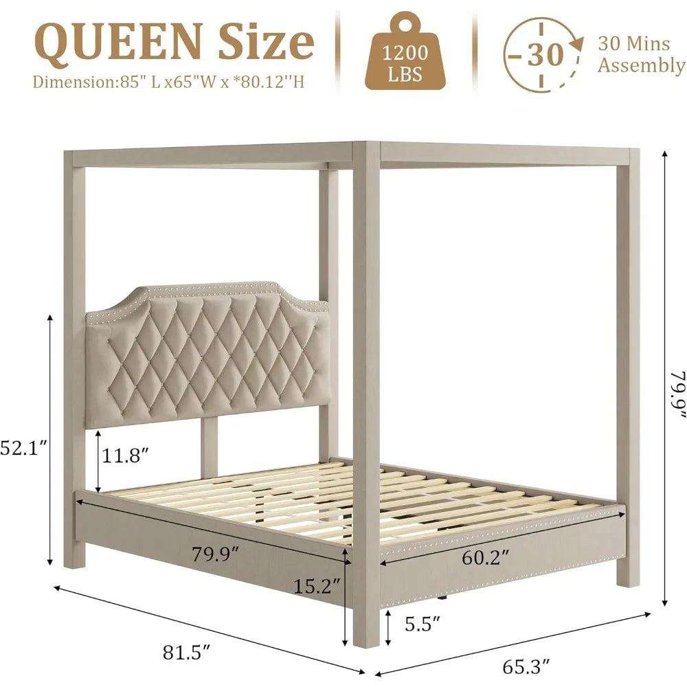 Queen Size Upholstered Button Tufted Canopy Bed Frame with Headboard, Nailhead Trim, No Box Spring Needed