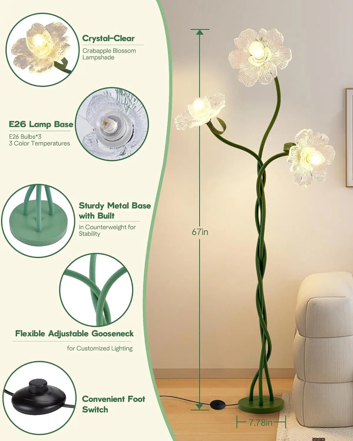 Flower Floor Lamp with Adjustable Gooseneck, 3-Color Temperature Standing Lamp for Living Room, Bedroom – Green