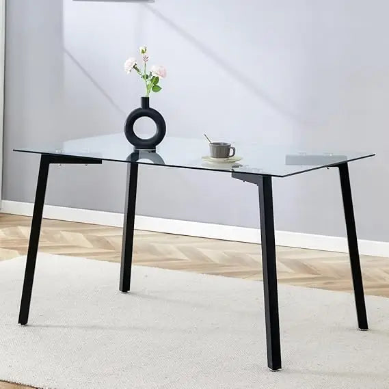 Modern Large Dining Room Table with Tempered Glass Top and Metal Legs - Spacious Home Dining Table