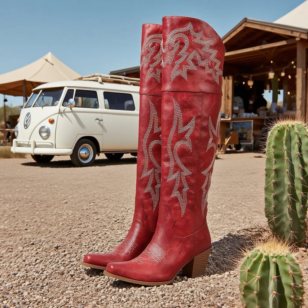 GIGIFOX Over the Knee Boots with Chunky Heel, Side Zipper Stylish Thigh High Cowboy Cowgirl Boots Ladies Outdoor Party Footwear