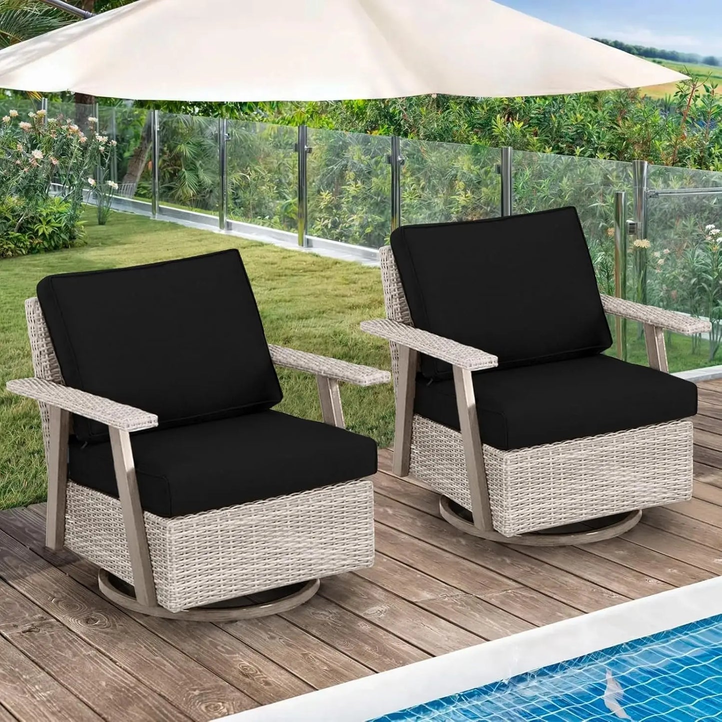 2 Pieces Oversized Outdoor 360° Swivel Rocker Patio Chairs Set, Swiveling Rocking Glider Chairs Set of 2, PE Wicker Rattan Outdo